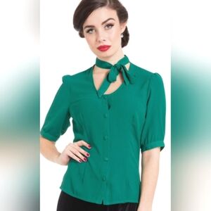 Voodoo Vixen Clara retro pinup tie neck blouse top, teal, button up, small